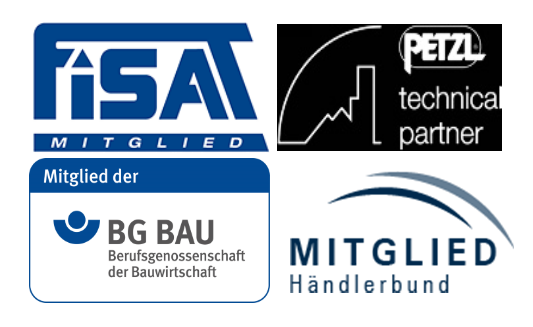 Zertifizierungen und Mitgliedschaften: FISAT Mitglied, Petzl Technical Partner, Mitglied der BG Bau (Berufsgenossenschaft der Bauwirtschaft), Mitglied im Händlerbund